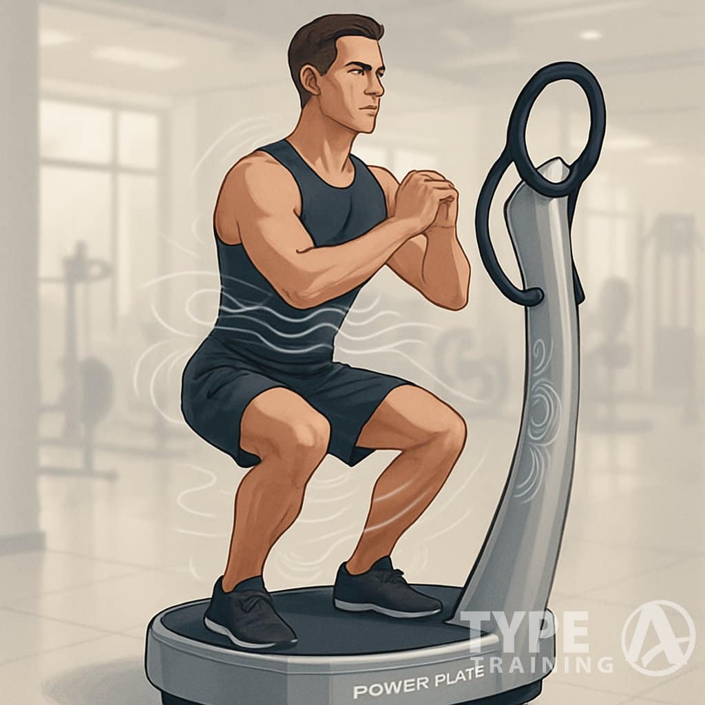 A person standing on a Power Plate machine in a gym, maintaining balance and engaging their core during exercise.
