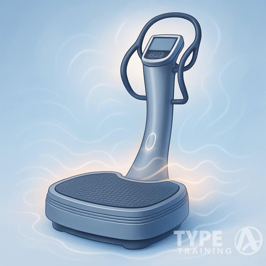A modern power plate machine with handles and a vibrating platform, surrounded by glowing lines suggesting muscle recovery.