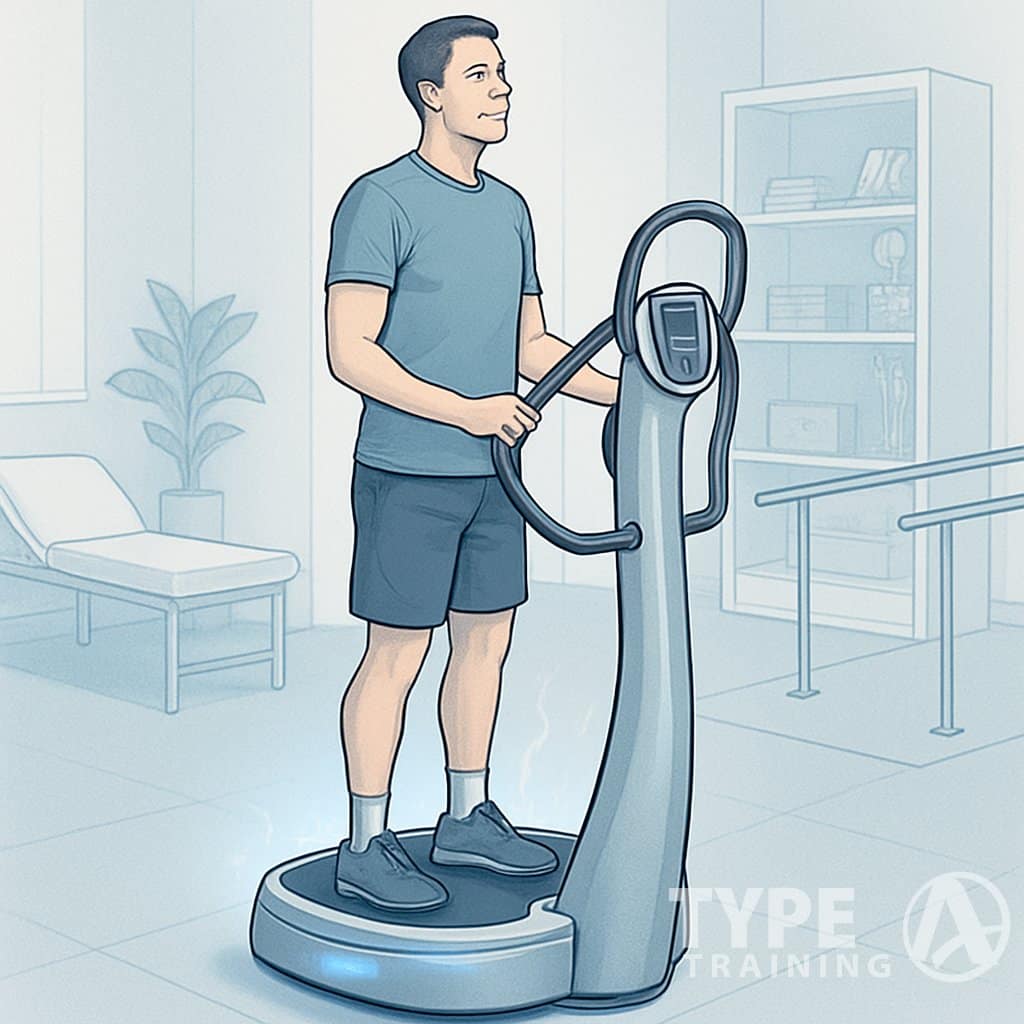 A person standing on a Power Plate device in a fitness setting, demonstrating muscle recovery with visible device features and safety elements around.