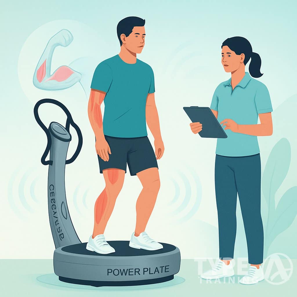 A person using a Power Plate machine for muscle recovery in a wellness setting with a trainer observing nearby.