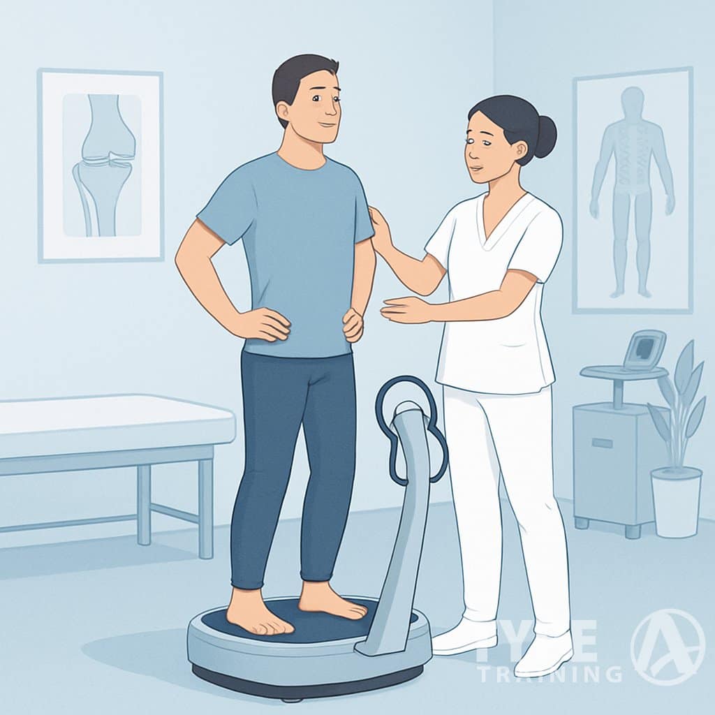 A person using a Power Plate machine for injury rehabilitation while a physical therapist provides guidance in a calm rehabilitation room.