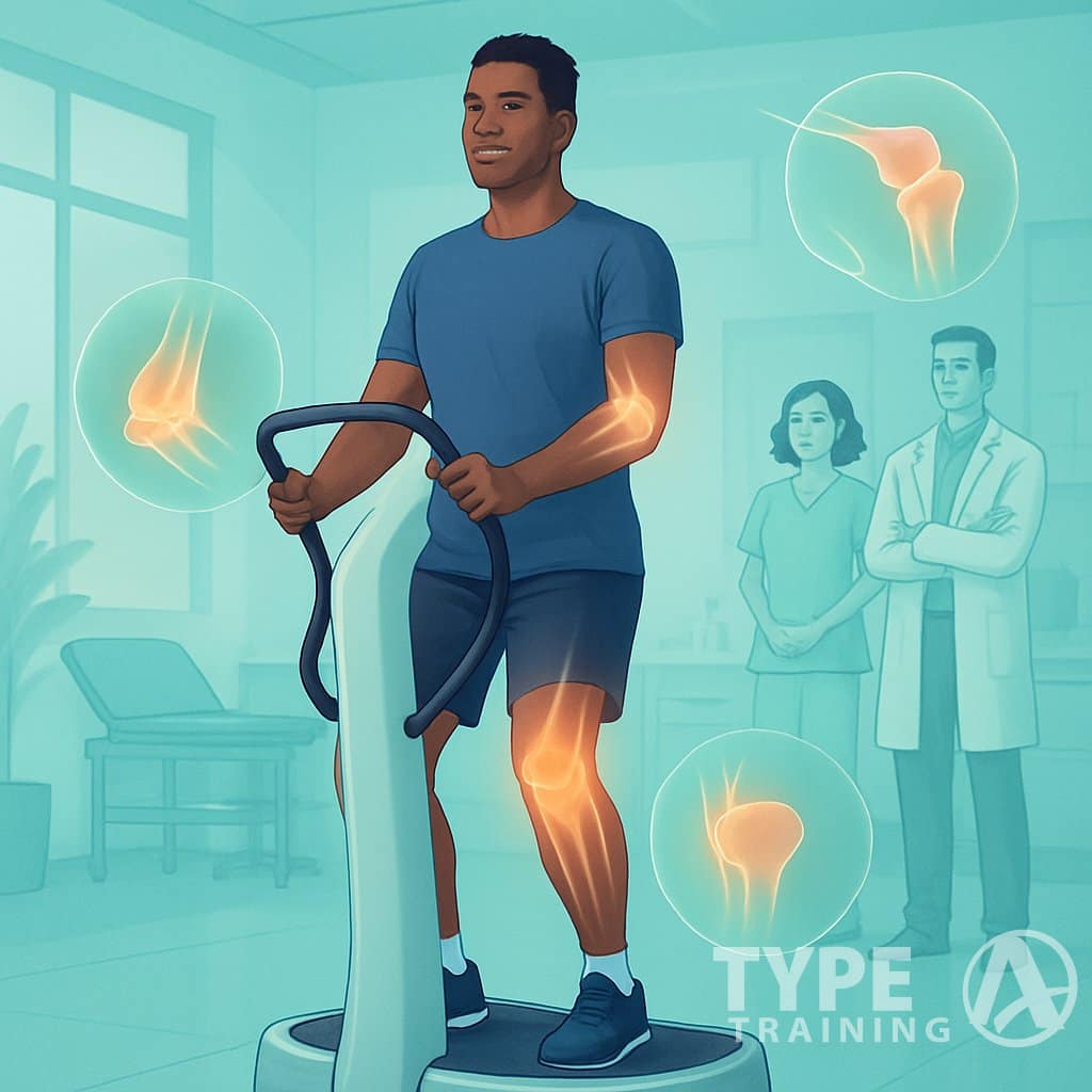 A person using a power plate machine in a rehabilitation center with medical professionals nearby and glowing outlines of joints around them.