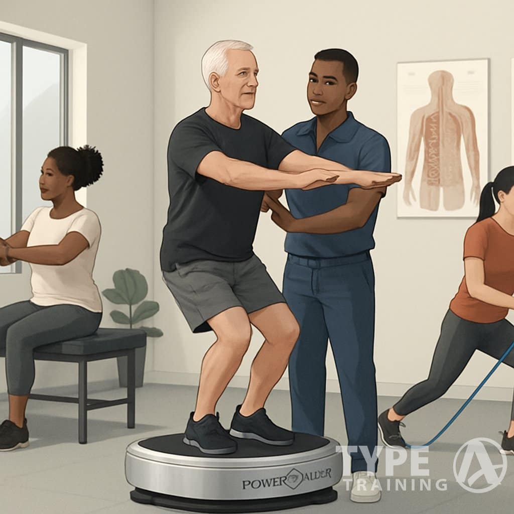 A physical therapy clinic where patients use a Power Plate machine for injury rehabilitation and joint health under the guidance of a therapist.