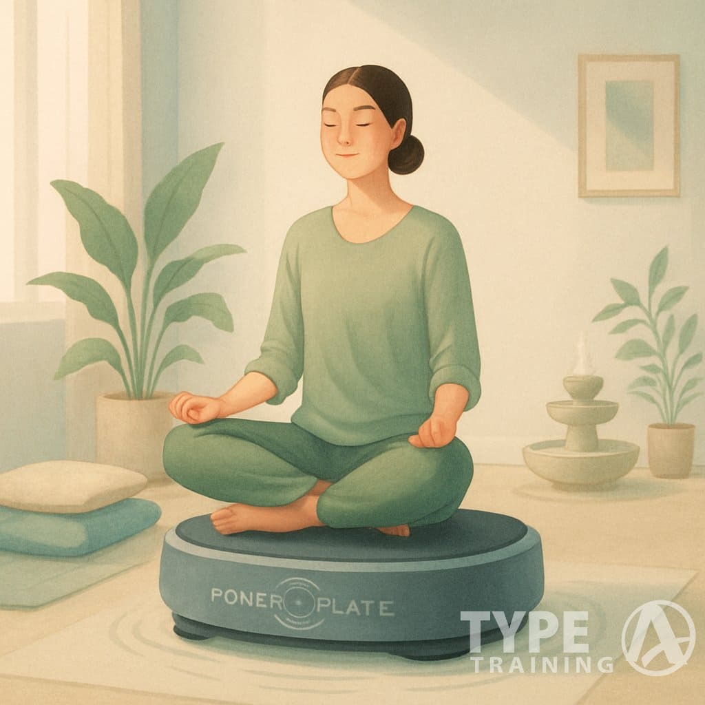 A person using a power plate machine in a calm room designed for stress relief and relaxation, surrounded by plants and soft lighting.
