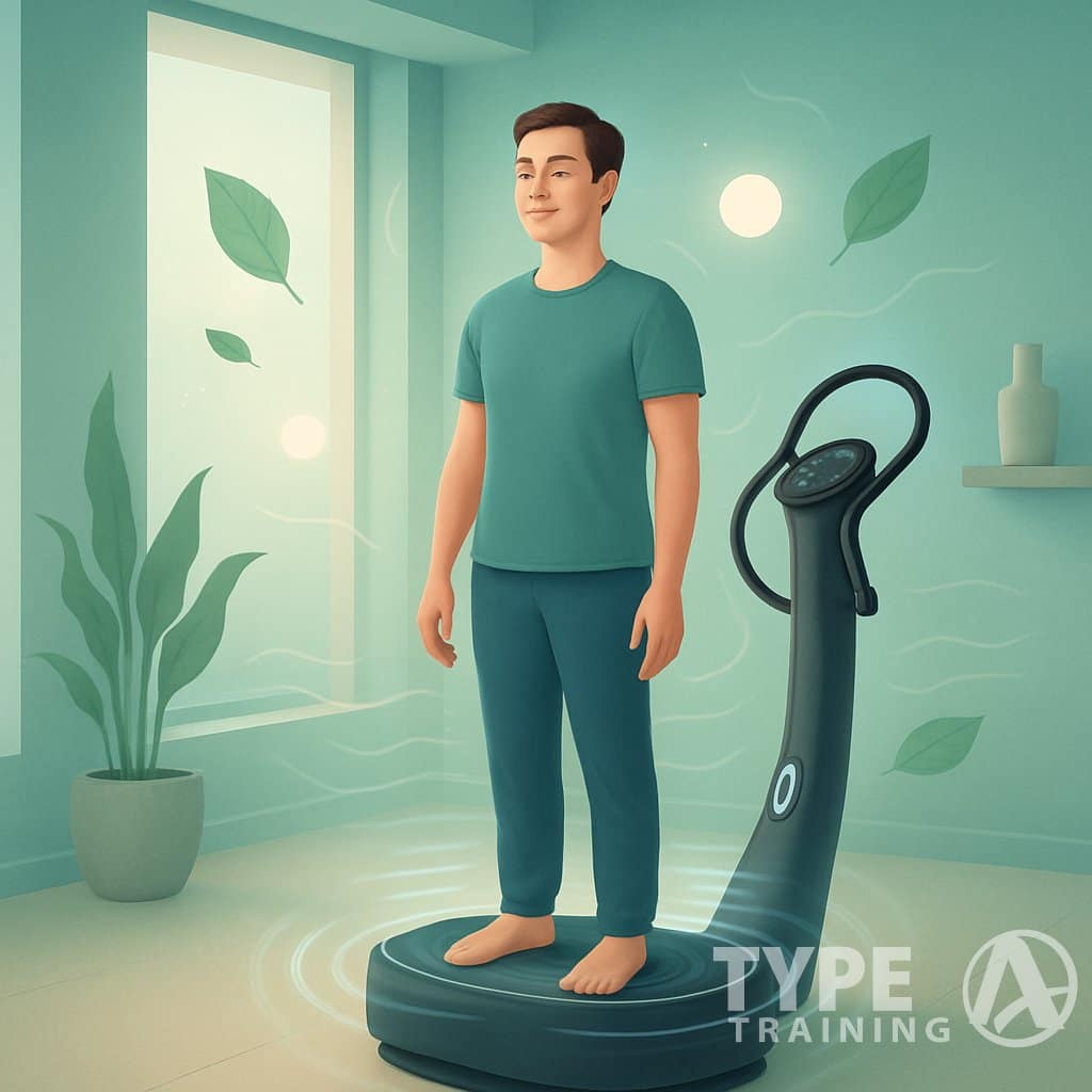 A person standing calmly on a Power Plate machine in a peaceful studio, surrounded by soft glowing waves and symbols of relaxation.
