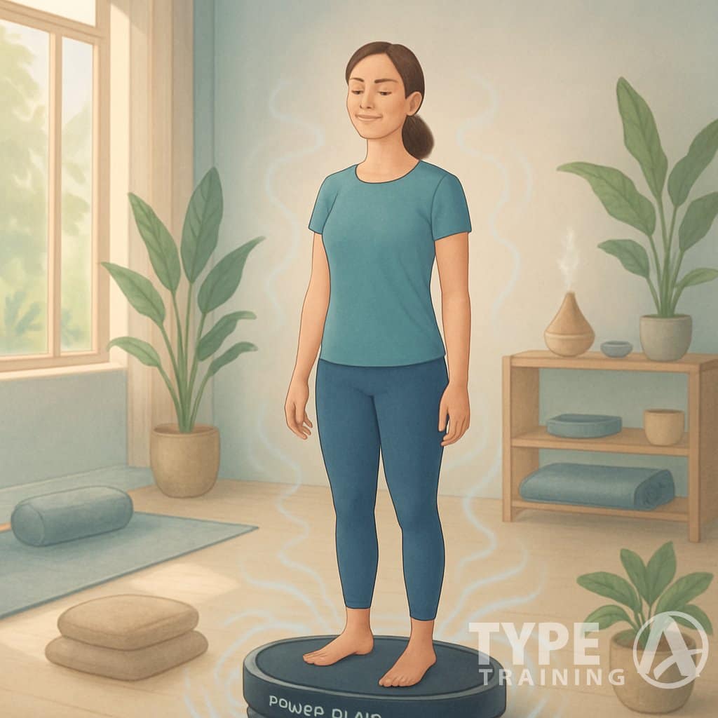 A person standing on a Power Plate machine in a calm room with plants and sunlight, appearing relaxed and peaceful as they use the device for stress relief.