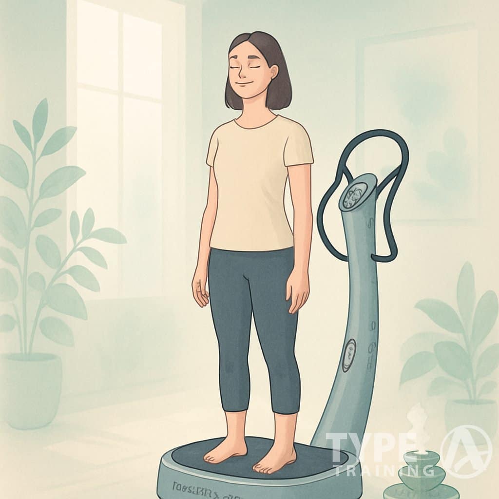 A relaxed woman standing barefoot on a Power Plate machine in a calm, minimalist room with plants and soft natural light.