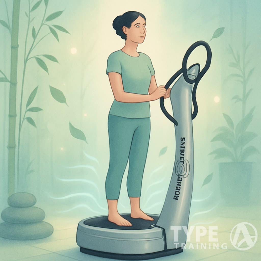 A person gently using a Power Plate machine in a peaceful spa setting surrounded by calming natural elements.