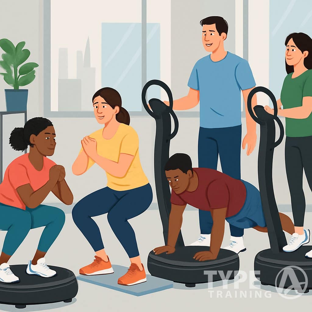 A group of beginners exercising on Power Plate machines in a gym with instructors demonstrating proper movements.
