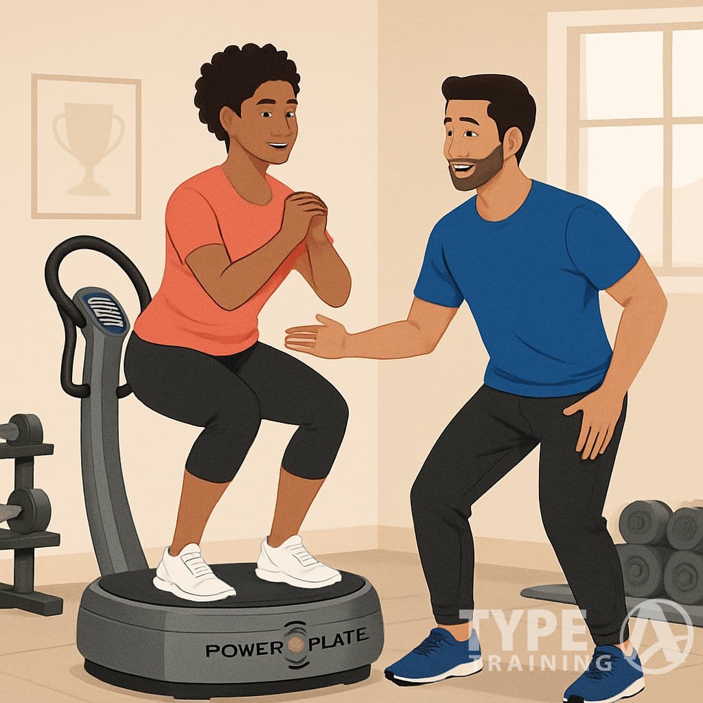 A fitness trainer guiding a beginner using a Power Plate machine in a gym.