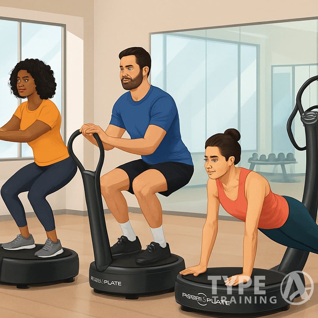 Three people performing beginner Power Plate exercises in a modern gym setting using vibrating platforms.