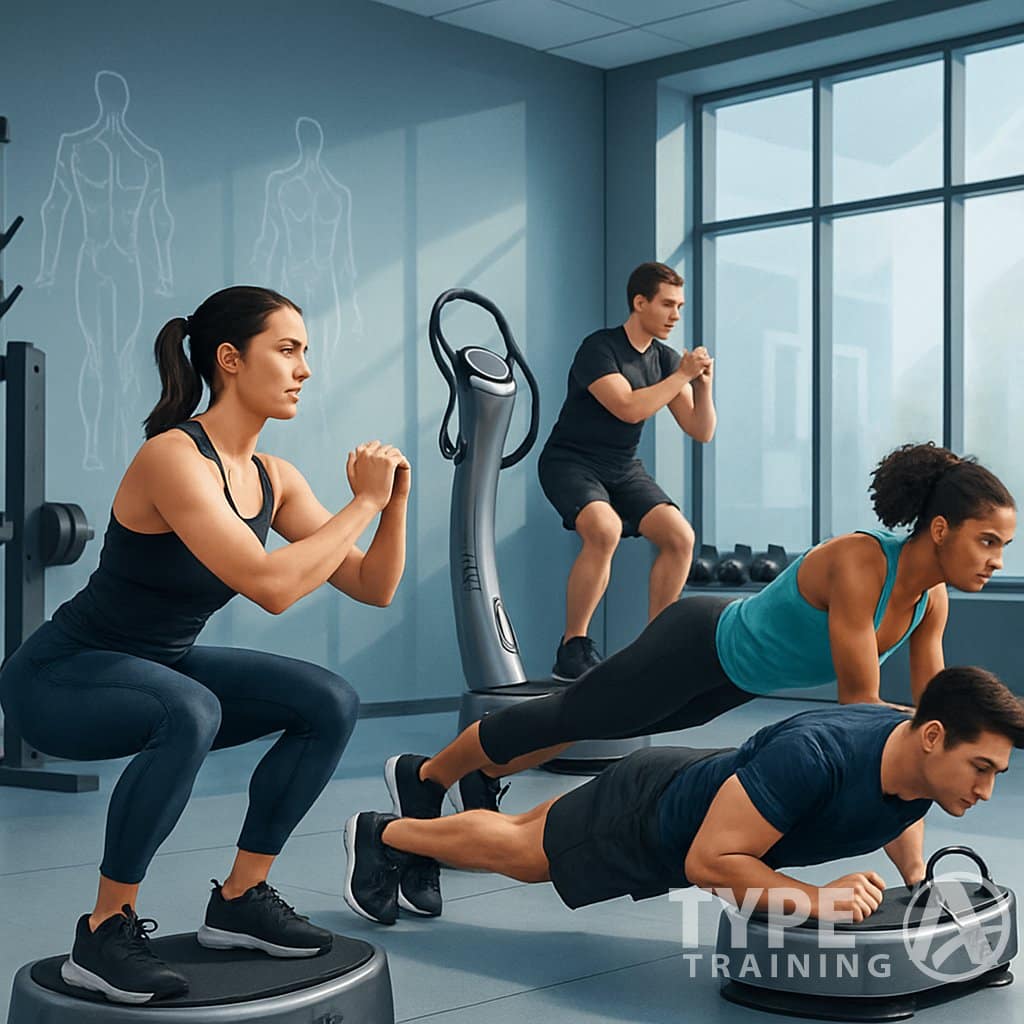 People exercising on Power Plate machines in a gym, performing squats, push-ups, and planks to build strength and improve performance.
