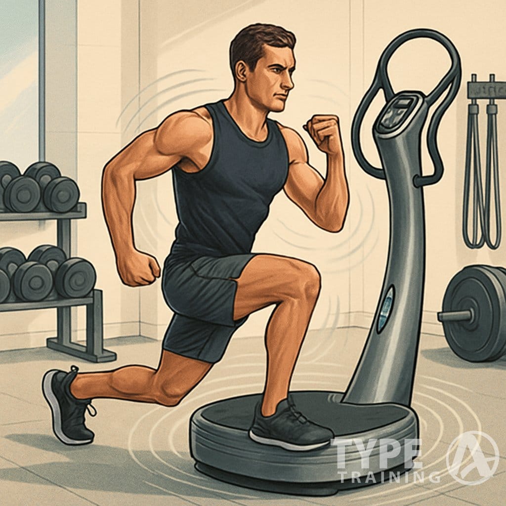 An athletic person performing an advanced workout on a Power Plate machine in a gym with vibration waves around the equipment.