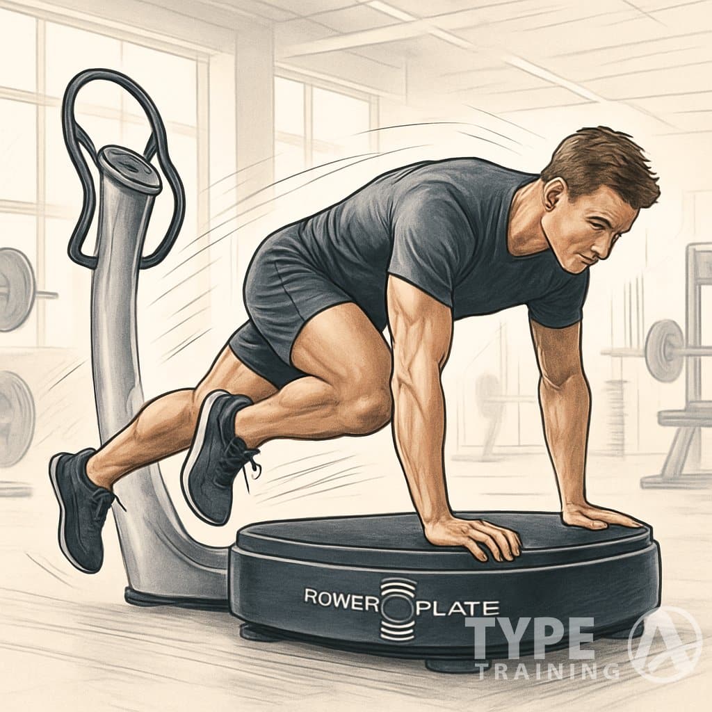 An athlete performing a core exercise on a power plate machine in a gym setting.