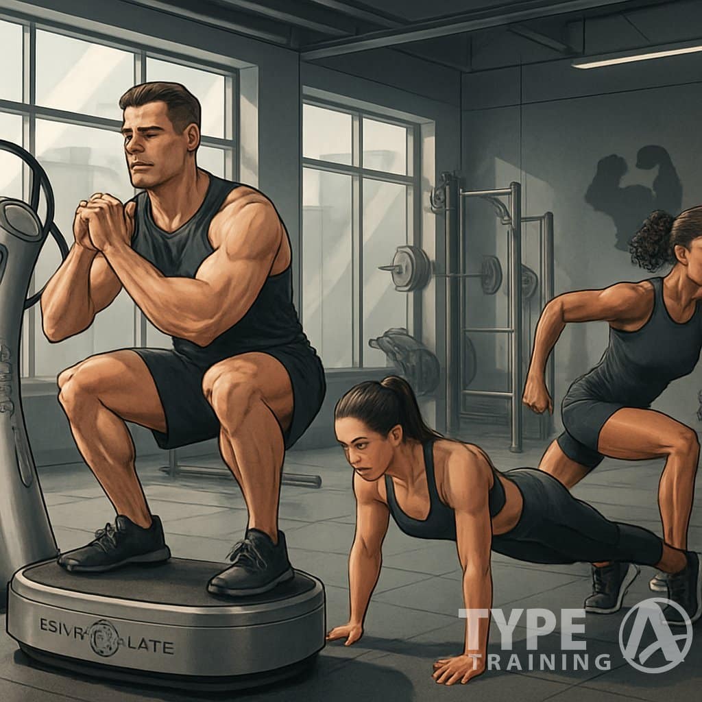A group of athletes performing advanced exercises on Power Plate machines in a gym.