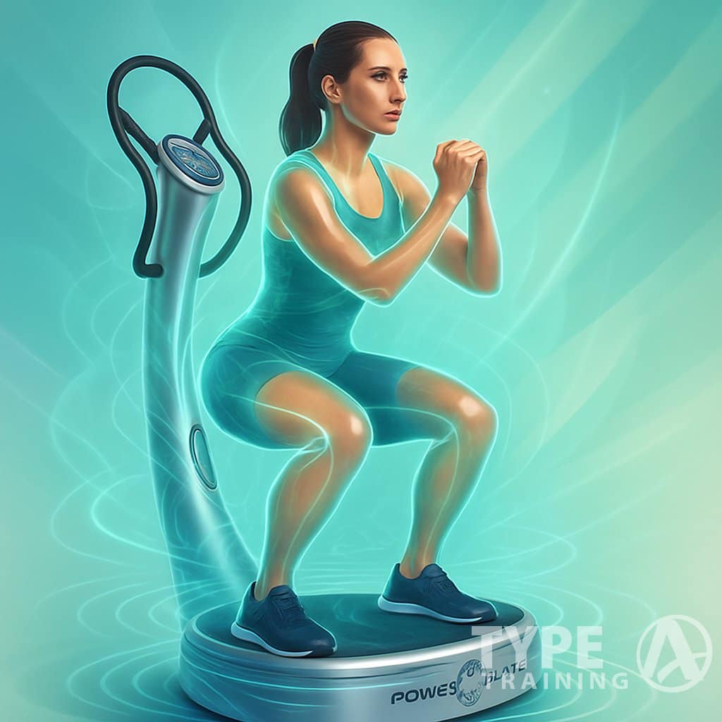 A person exercising on a Power Plate vibration machine with visual effects showing vibrations and targeted fat burning on their body.