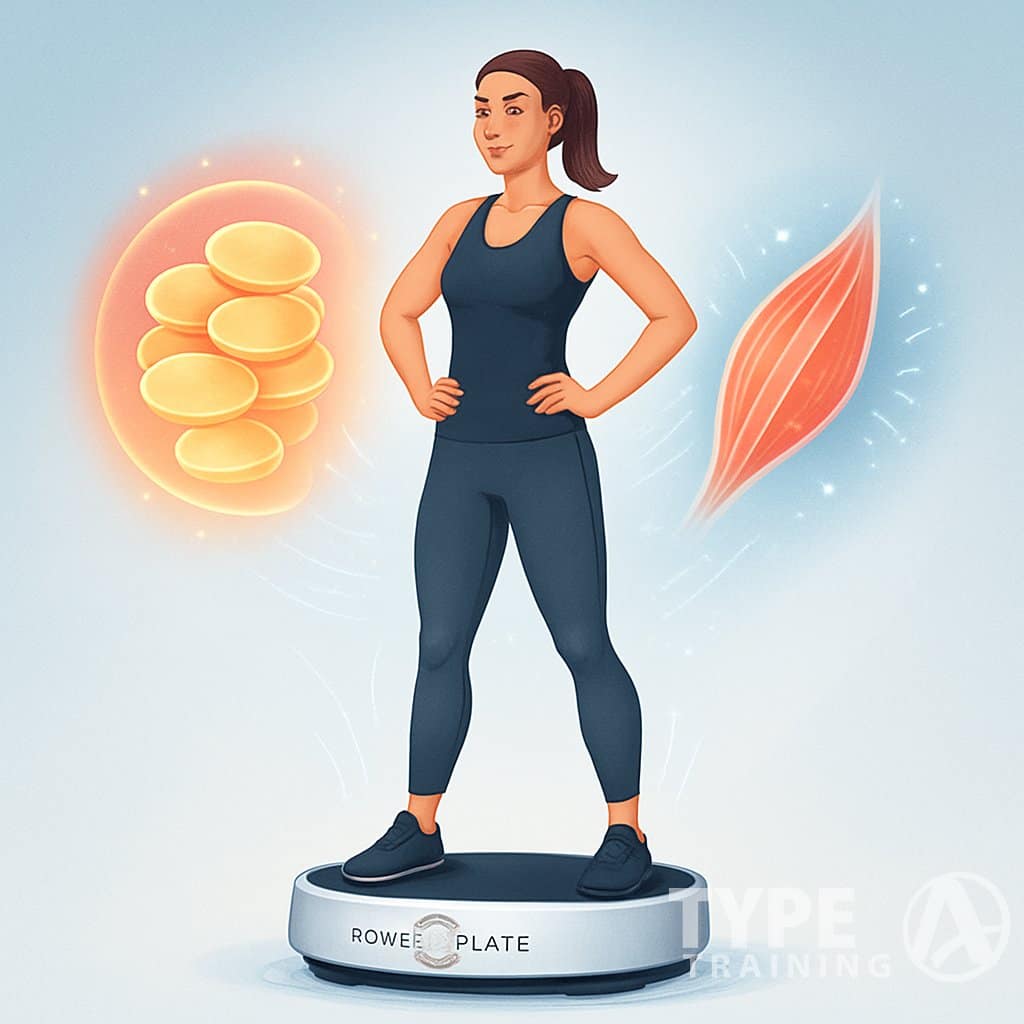 A fit person standing on a Power Plate machine with visual effects showing fat burning and muscle toning around them.