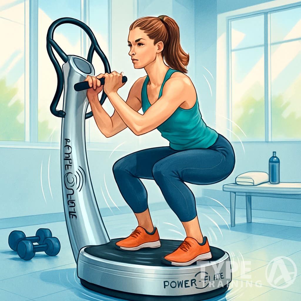 A fit woman exercising on a Power Plate machine in a bright fitness studio surrounded by workout equipment.