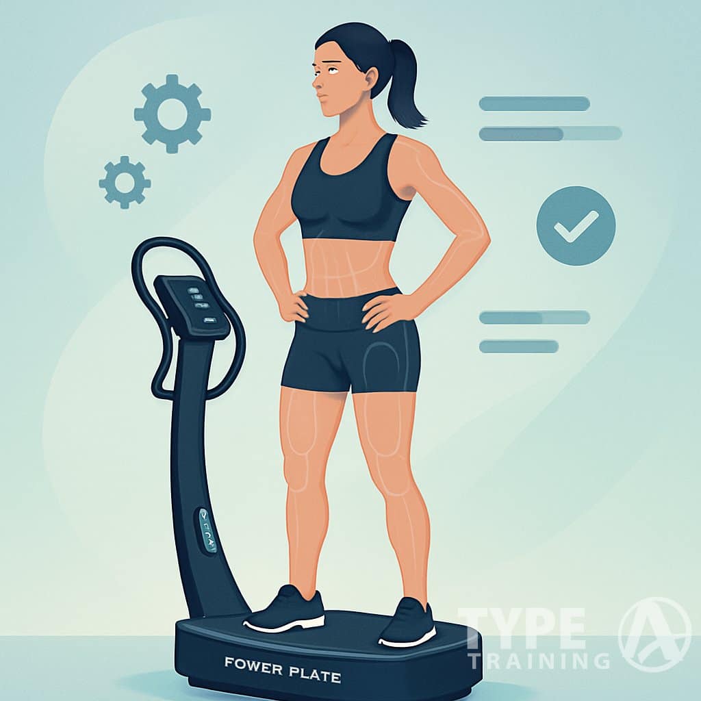 A person standing on a Power Plate vibration machine in a fitness setting, with icons representing optimization and muscle groups highlighted.