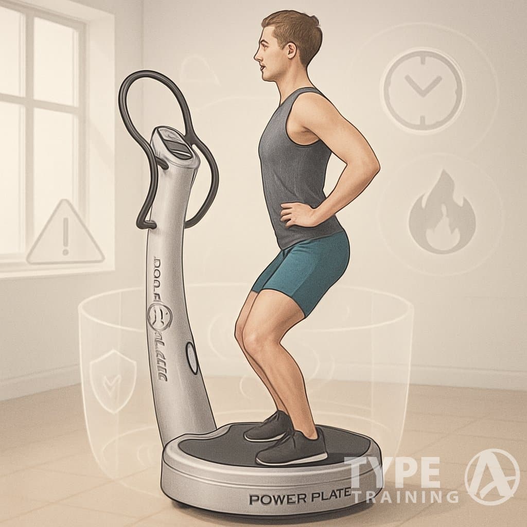 A person standing on a Power Plate machine in a fitness studio, demonstrating safe use with visual cues highlighting safety and limitations while showing muscle activation for weight loss.
