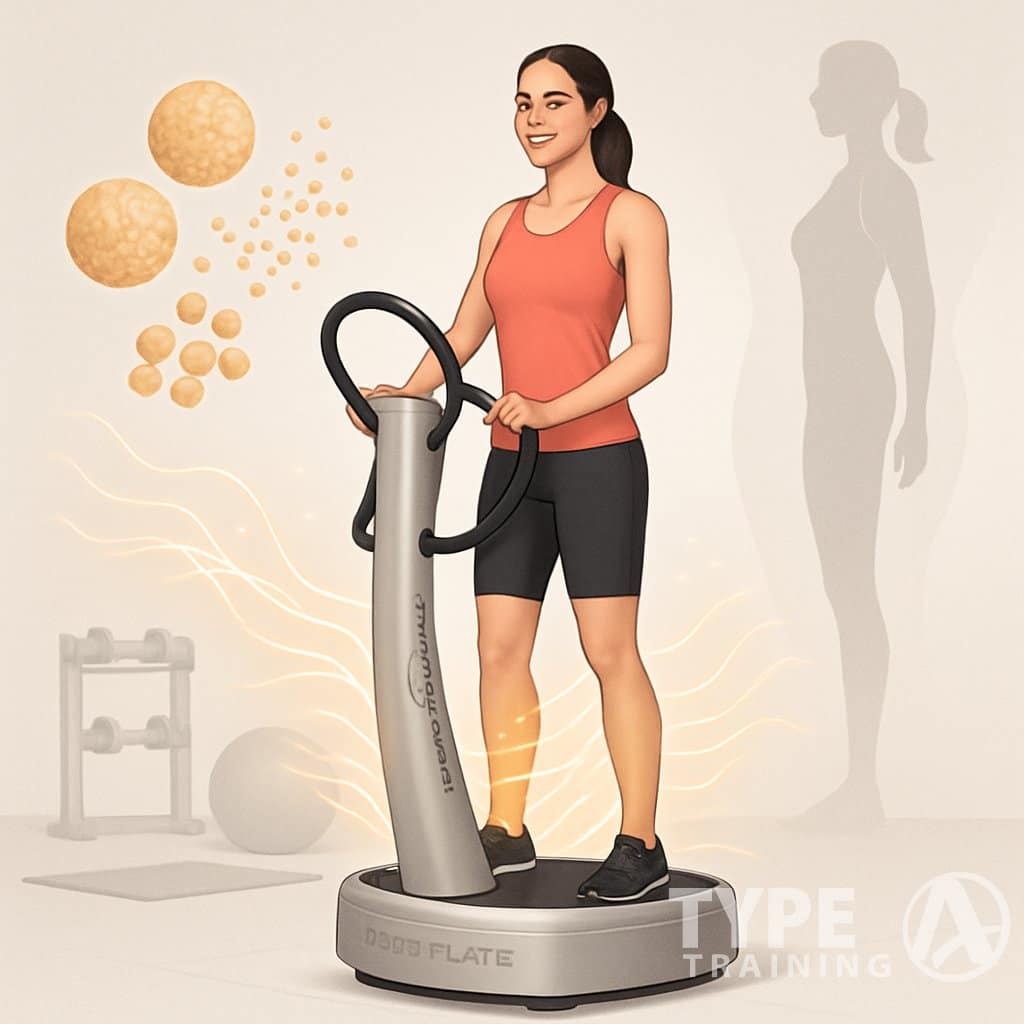 A person using a Power Plate machine in a gym setting with visual effects representing fat burning and weight loss.