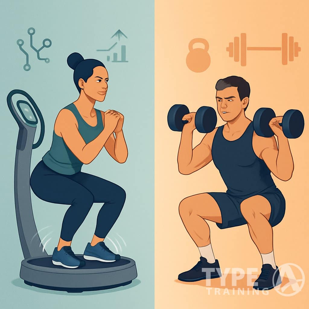 Two people exercising side by side, one using a vibration plate machine and the other lifting weights, showing a comparison between two workout styles.
