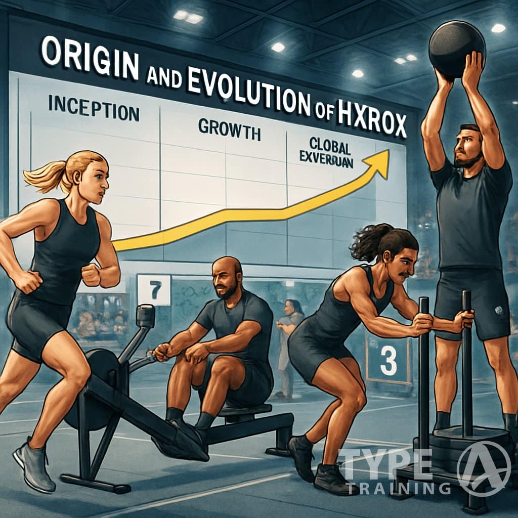 Athletes competing in a fitness race inside a sports arena with a timeline in the background showing the development of the event.