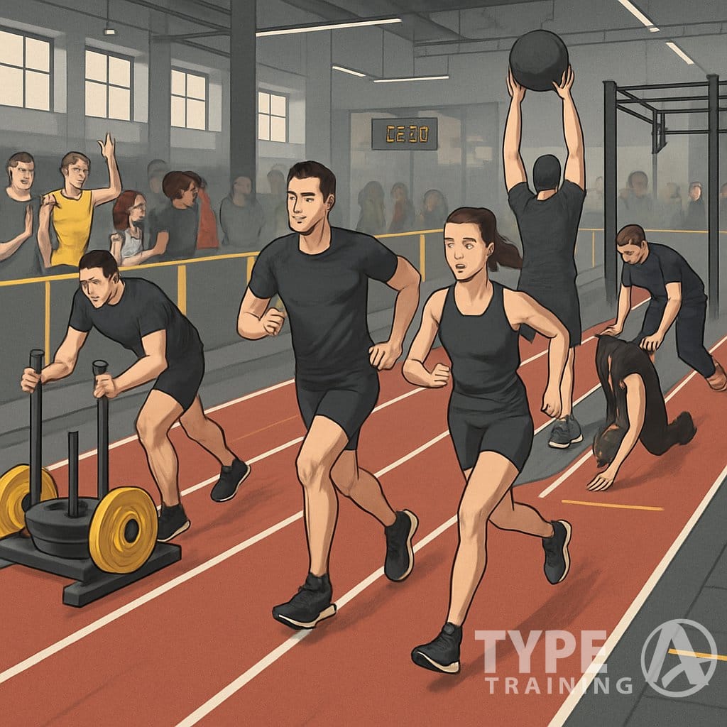 Athletes competing in an indoor fitness race performing running and various exercise stations in a gym with spectators watching.