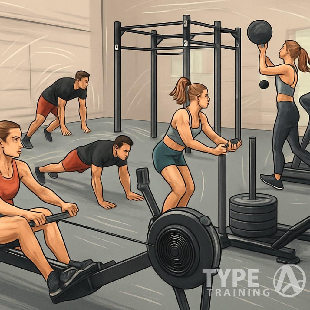 Athletes exercising at various functional workout stations inside a gym, performing different fitness activities in a spacious training area.