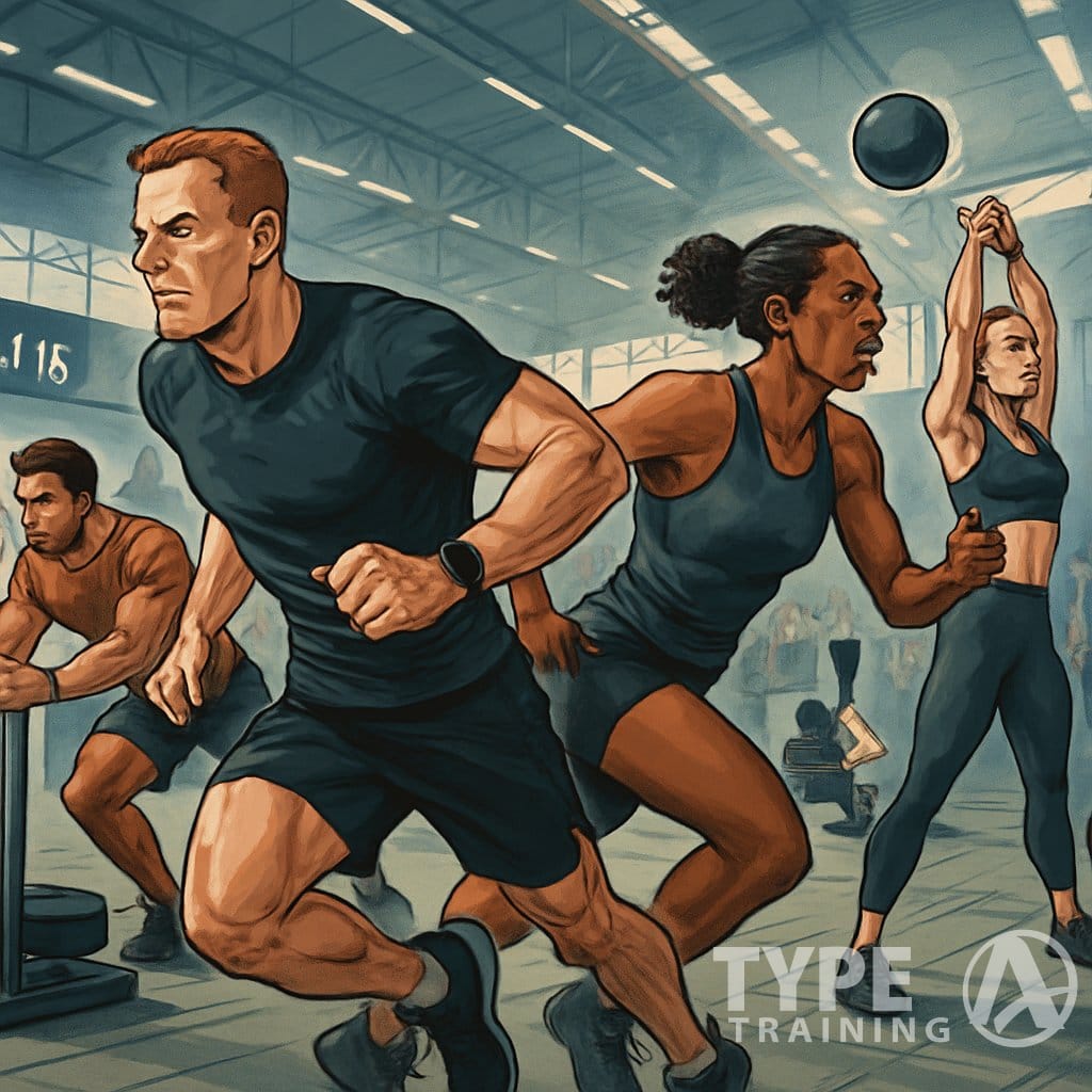 Athletes running and performing various fitness exercises like rowing, sled pushing, and kettlebell lifting in an indoor sports arena during a race.