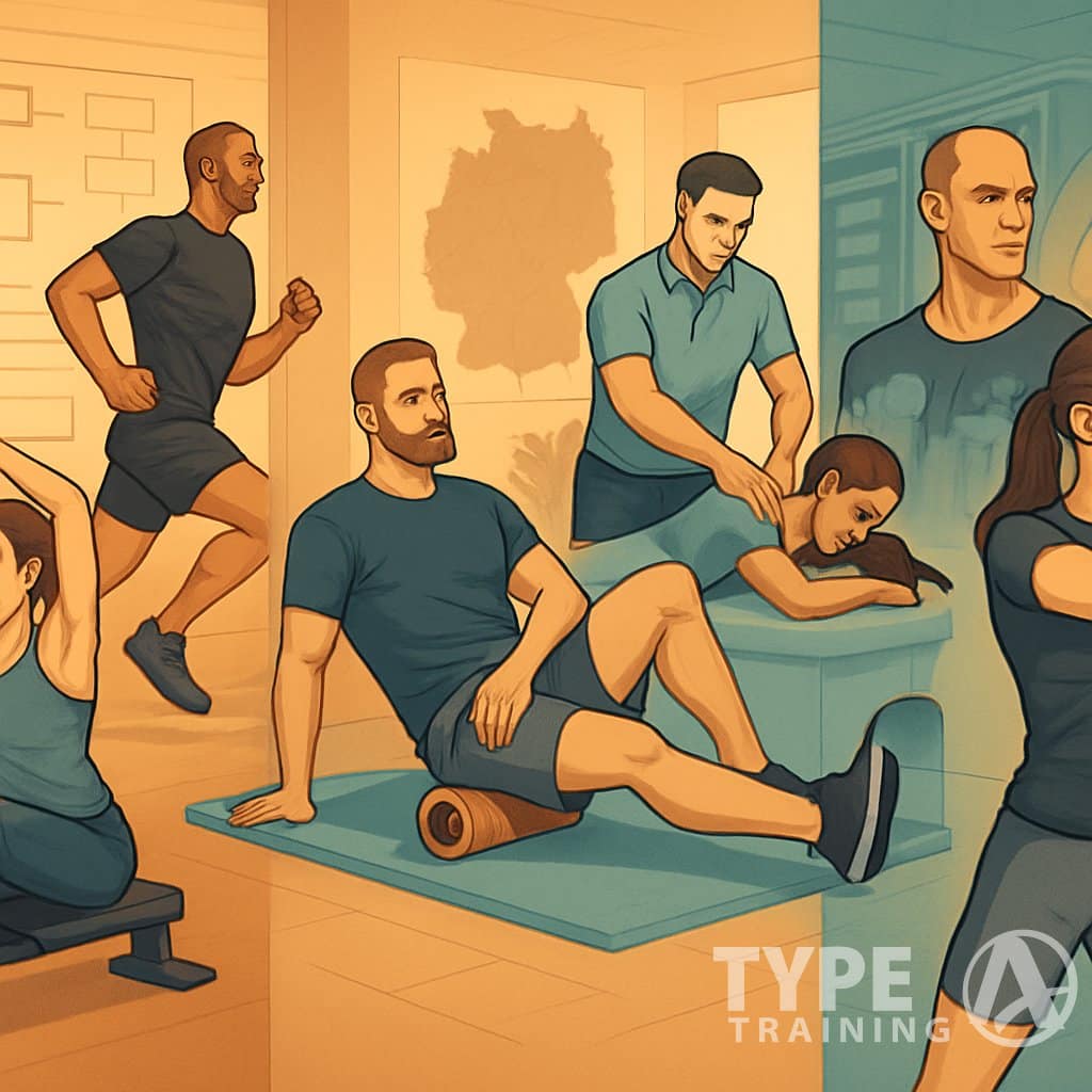 Athletes training with rowing and running, recovering with stretching and massages, and preparing mentally and physically for a HYROX race.