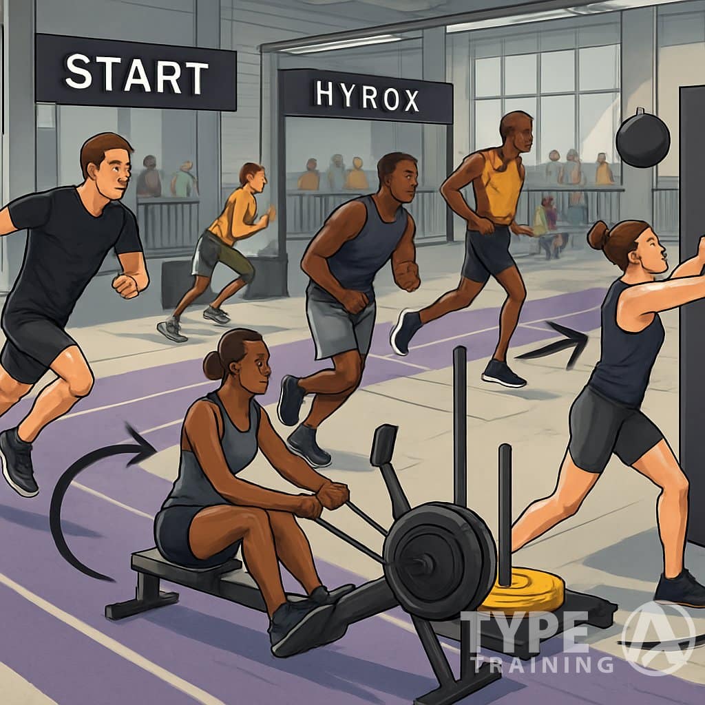 Athletes competing in an indoor fitness race, moving through different exercise stations including rowing, sled pushing, wall balls, and running, showing the progression of the race.