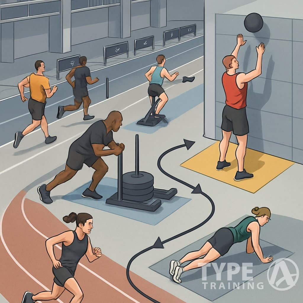 Athletes competing in a sequence of fitness challenges including running, sled pushes, rowing, wall balls, and burpees inside an indoor sports arena.