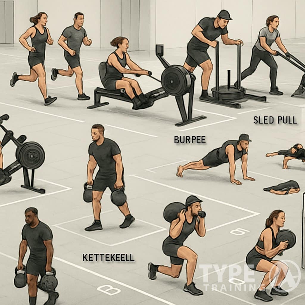 Athletes performing various exercises at multiple workout stations in an indoor gym, illustrating the sequence of a HYROX race from start to finish.
