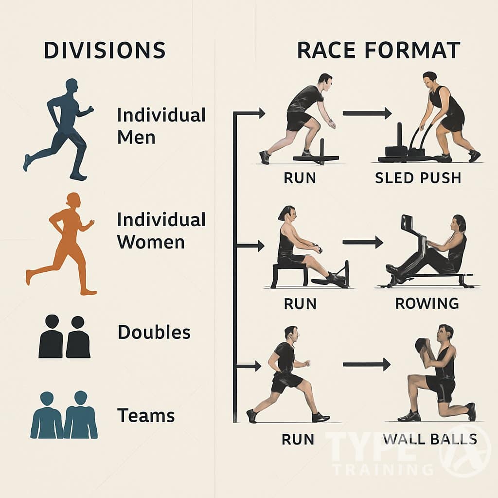 An infographic showing different athlete divisions and a step-by-step sequence of exercises in a HYROX race, with athletes performing running and functional workout stations.