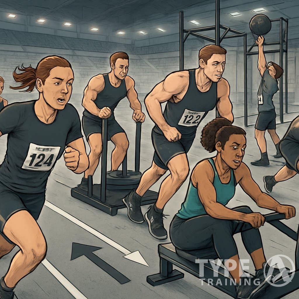 Athletes competing in an indoor fitness race, running and performing various workout stations like sled pushes, rowing, and wall balls in a large arena.