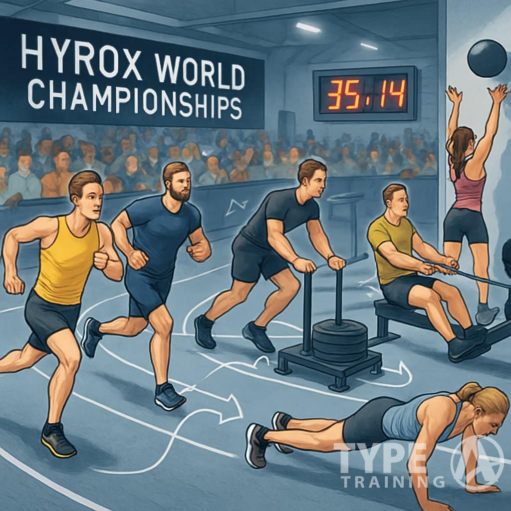 Athletes competing in various fitness exercises and running stages inside an indoor sports arena, showing the progression of a race.