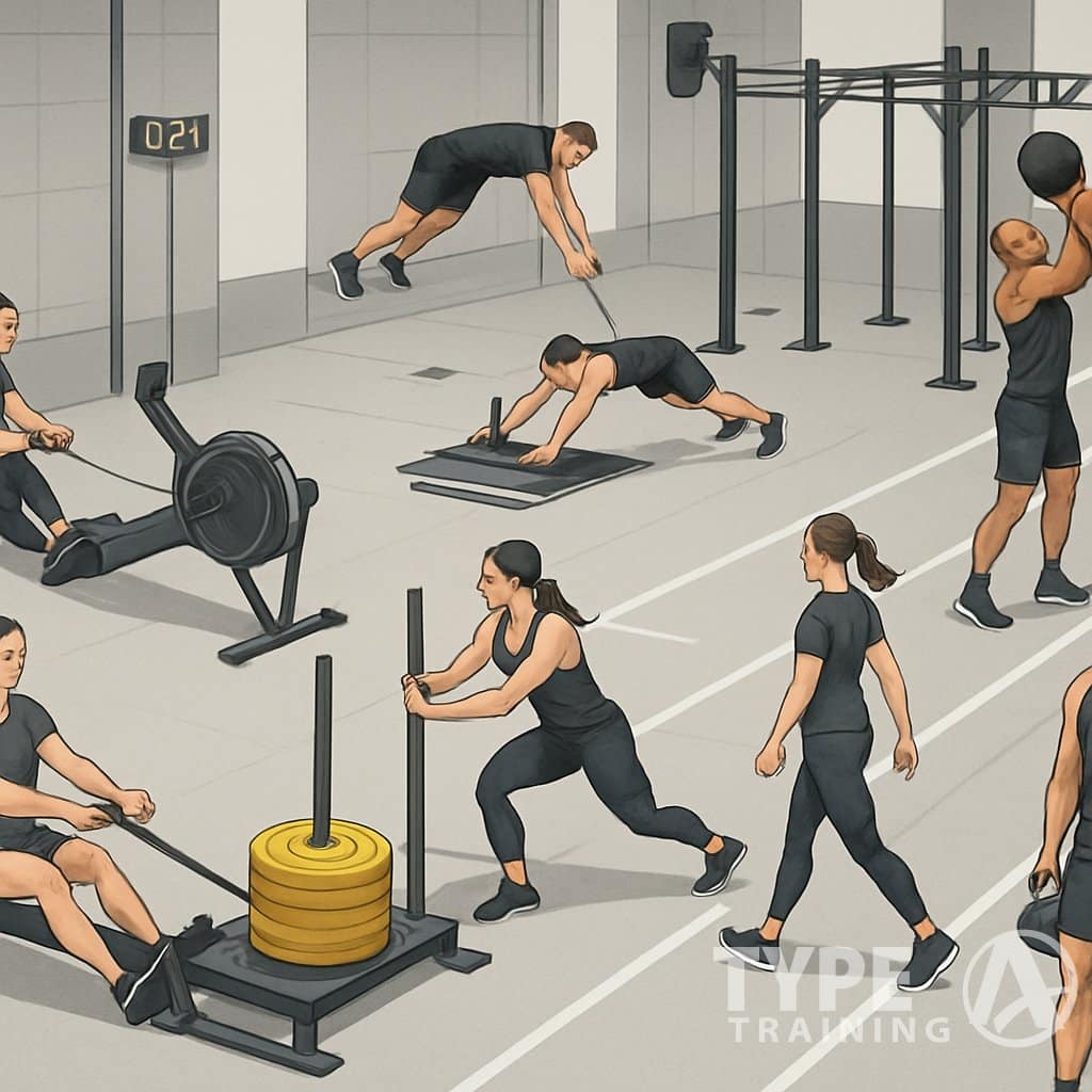 Athletes performing eight different HYROX workout challenges in a gym, each at separate stations with various fitness equipment.