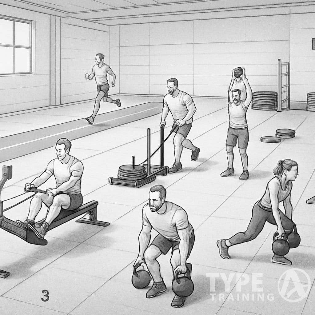 An overview of eight different HYROX workout stations in a gym, each with athletes performing various exercises like rowing, running, sled pushing and pulling, farmer's carry, sandbag lunges, wall balls, and burpee broad jumps.