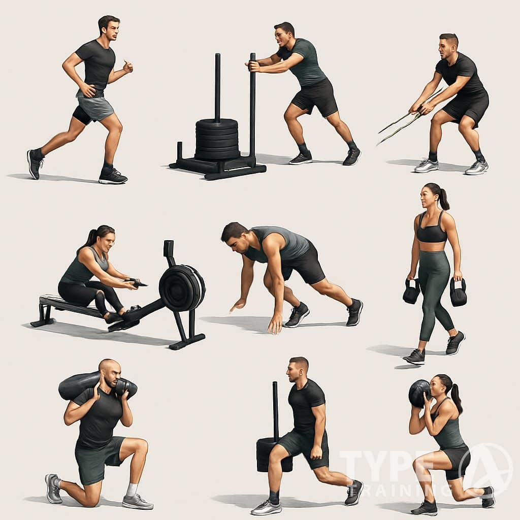 Illustration showing eight different workout stations with athletes performing various exercises including running, sled push, sled pull, rowing, burpees, kettlebell carries, lunges, and wall balls.