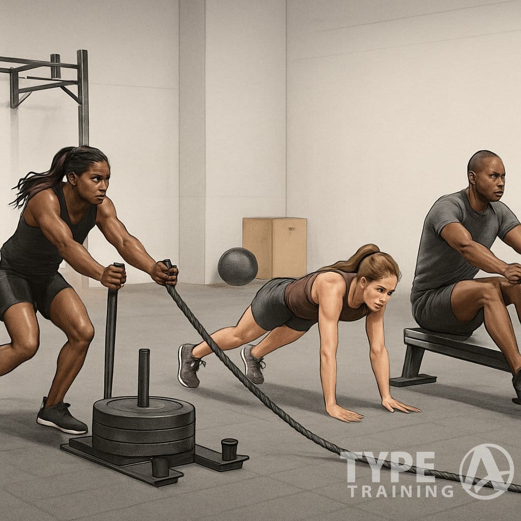 Athletes performing four different workout challenges in a gym, including sled push, sled pull, burpee broad jumps, and rowing.