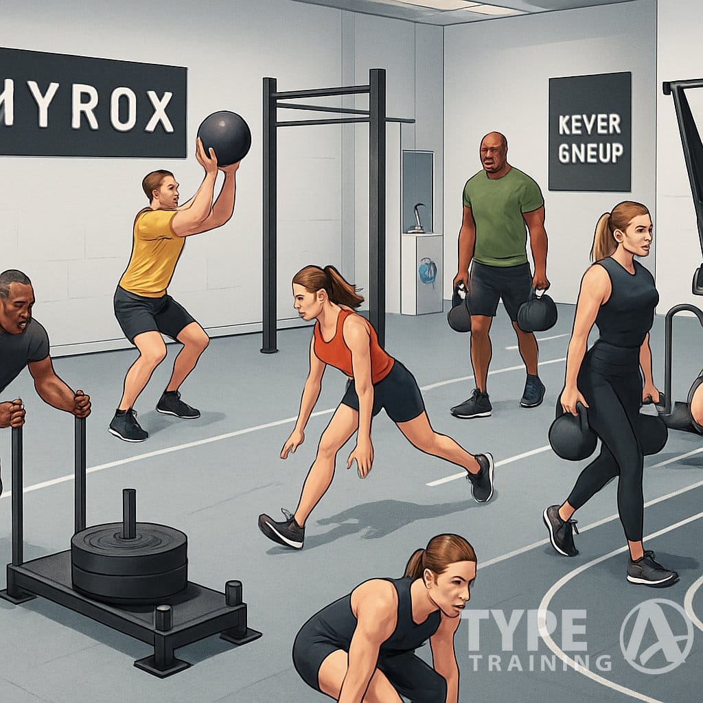 Athletes performing eight different workout exercises in a modern gym, each at a separate fitness station.