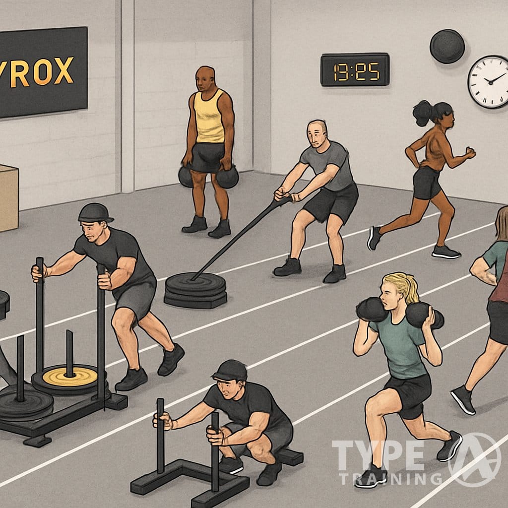 A gym scene showing eight different workout stations with athletes performing various HYROX exercises using equipment like rowing machines, sleds, kettlebells, sandbags, and medicine balls.