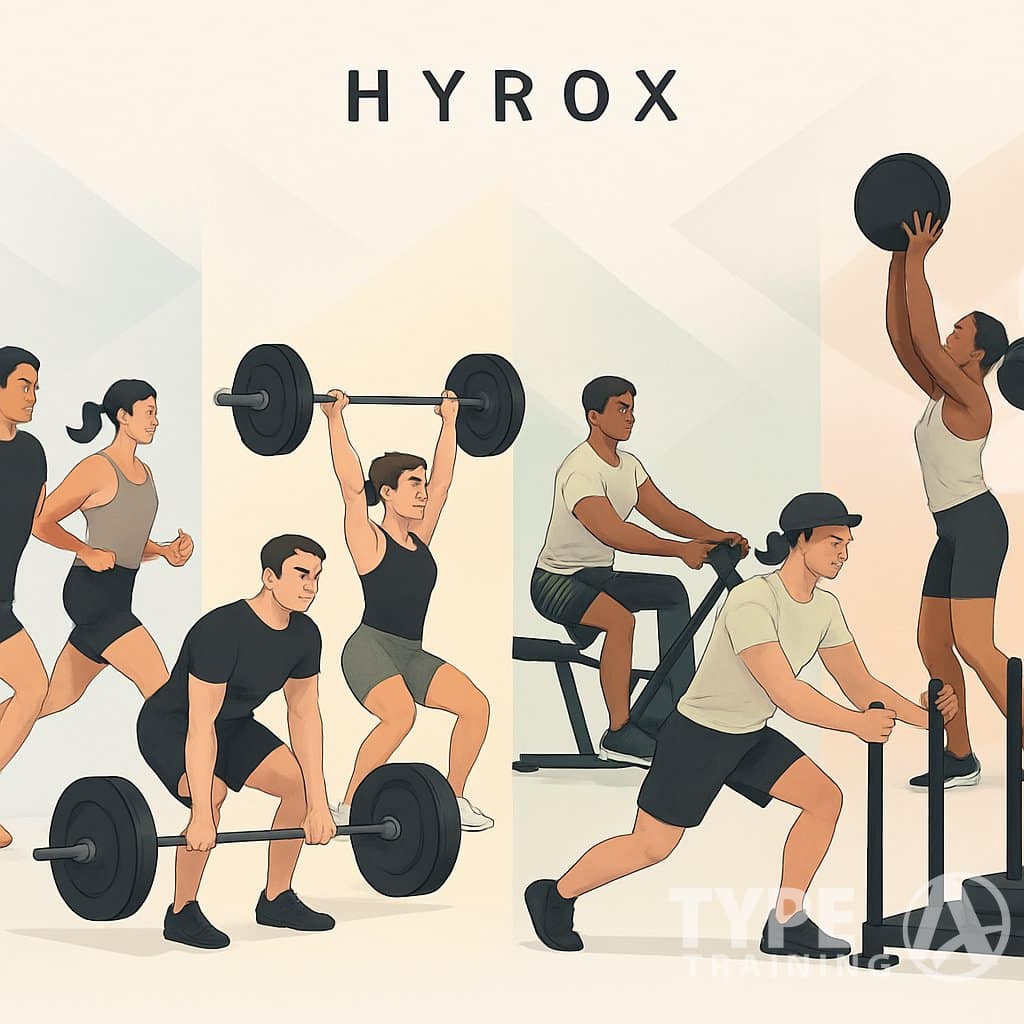 A group of athletes performing various fitness activities like running, rowing, weightlifting, and sled pushing, each in separate sections representing different competition categories.