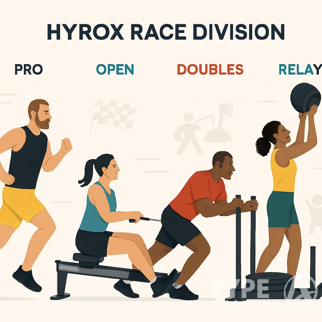 A group of diverse athletes performing different HYROX race activities, each representing various race divisions through distinct colors and gear.