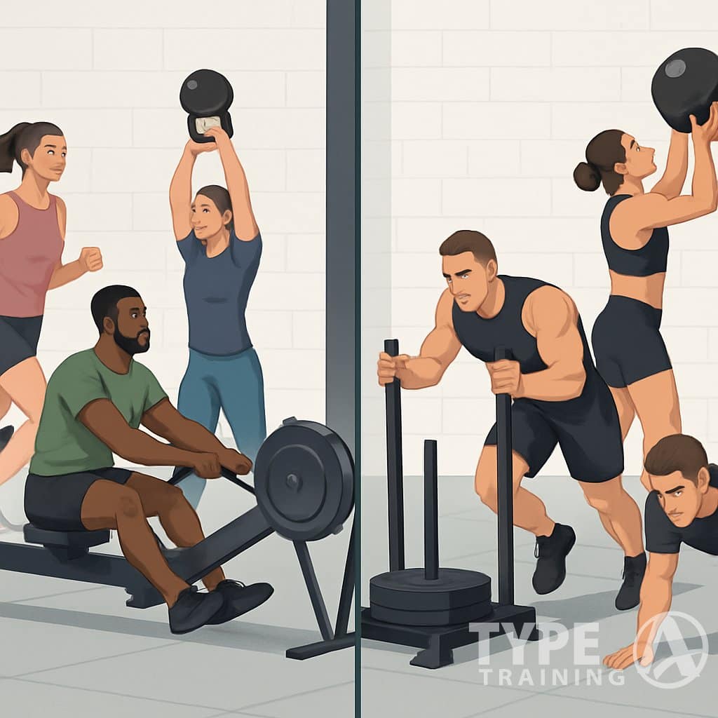 Two groups of athletes in a gym preparing for a fitness competition, one group warming up casually and the other performing intense exercises with professional equipment.