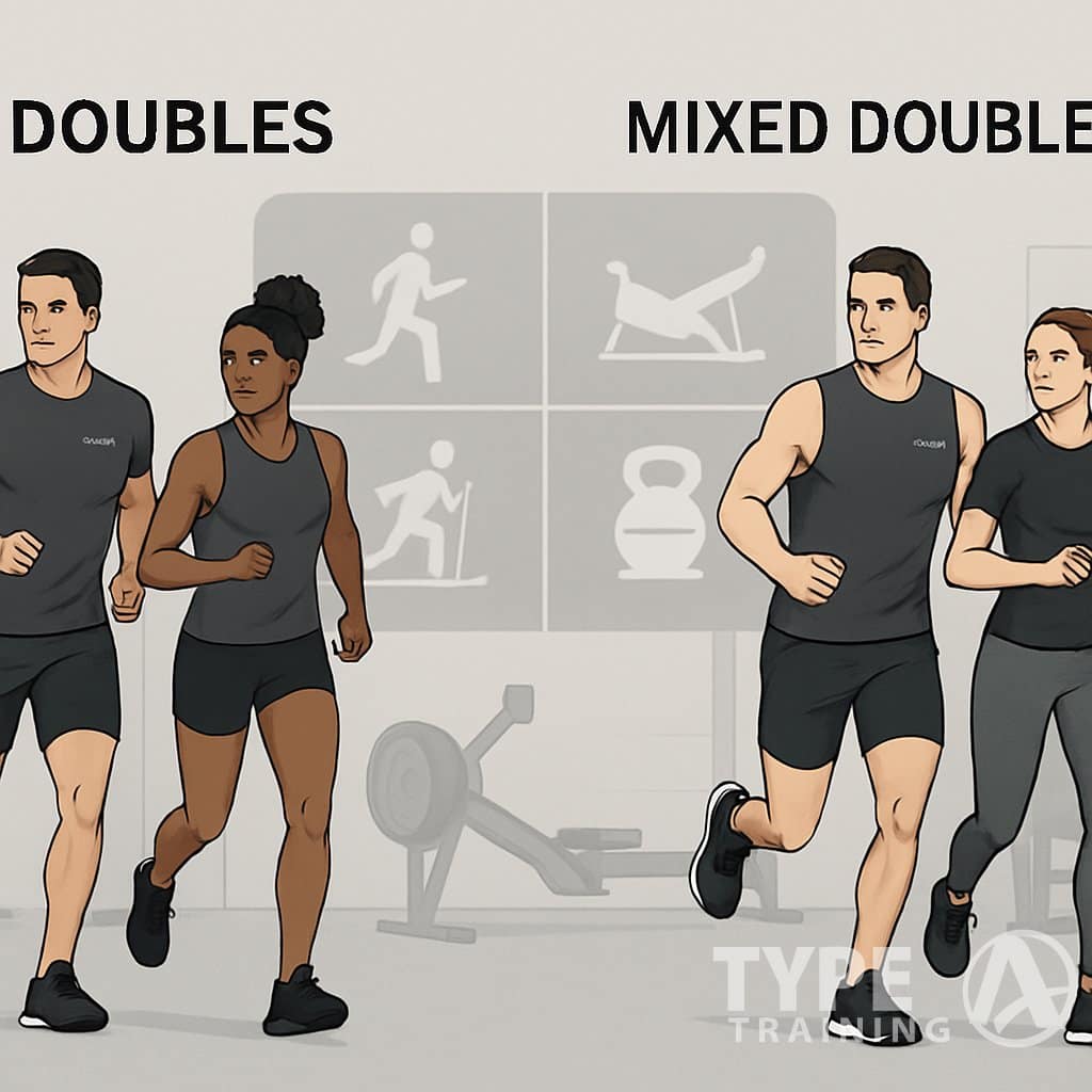 Four athletes in two pairs demonstrating doubles and mixed doubles fitness competition categories in a gym setting with fitness equipment in the background.