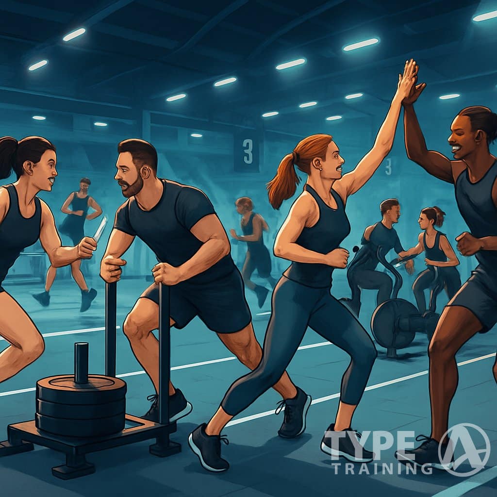 Athletes working together in teams performing various fitness exercises in an indoor sports arena, showing cooperation and competition.