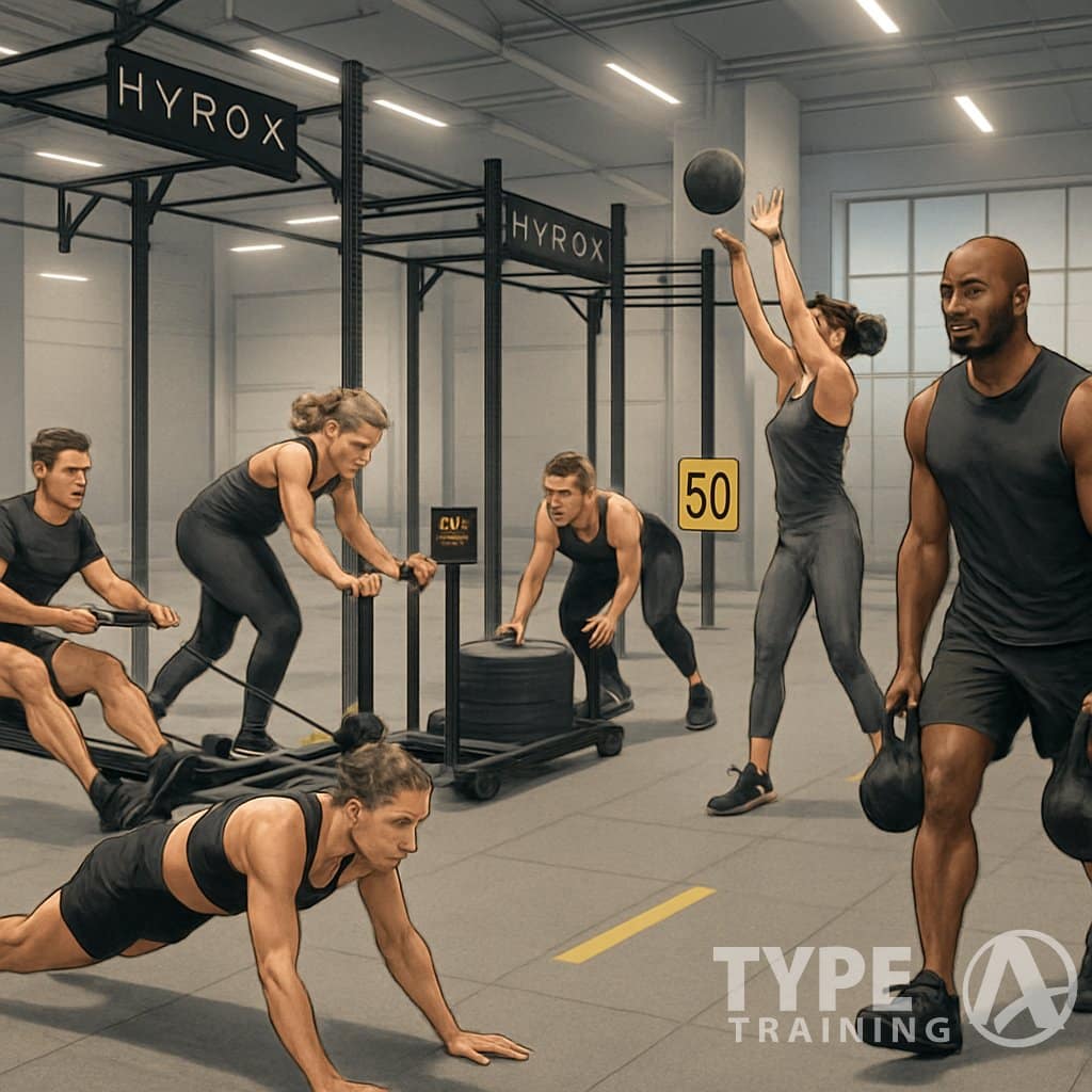 Athletes performing various HYROX workout exercises at multiple fitness stations inside a modern gym.