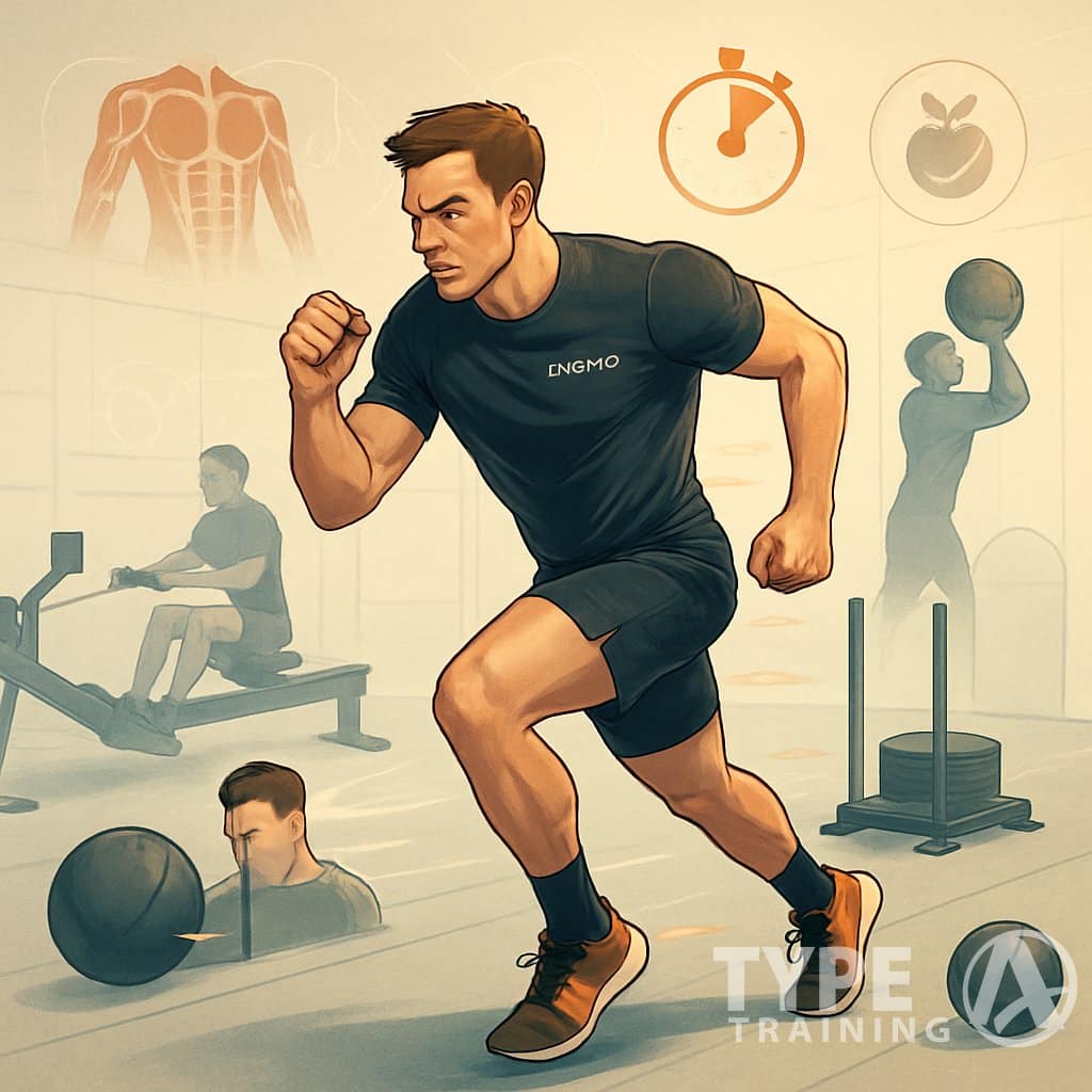 An athlete performing various HYROX exercises in a gym, demonstrating strength and endurance with workout equipment around them.